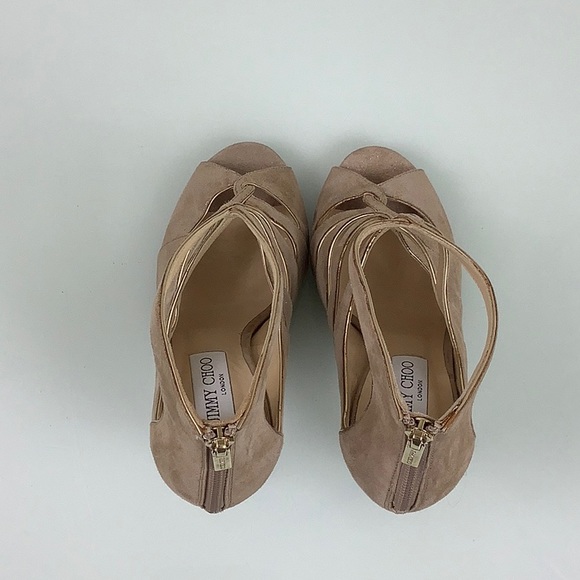 Jimmy Choo Leash Shimmery Cutout Peep toe back zipper Sand Sandal size 36.5 EUC - Picture 15 of 16